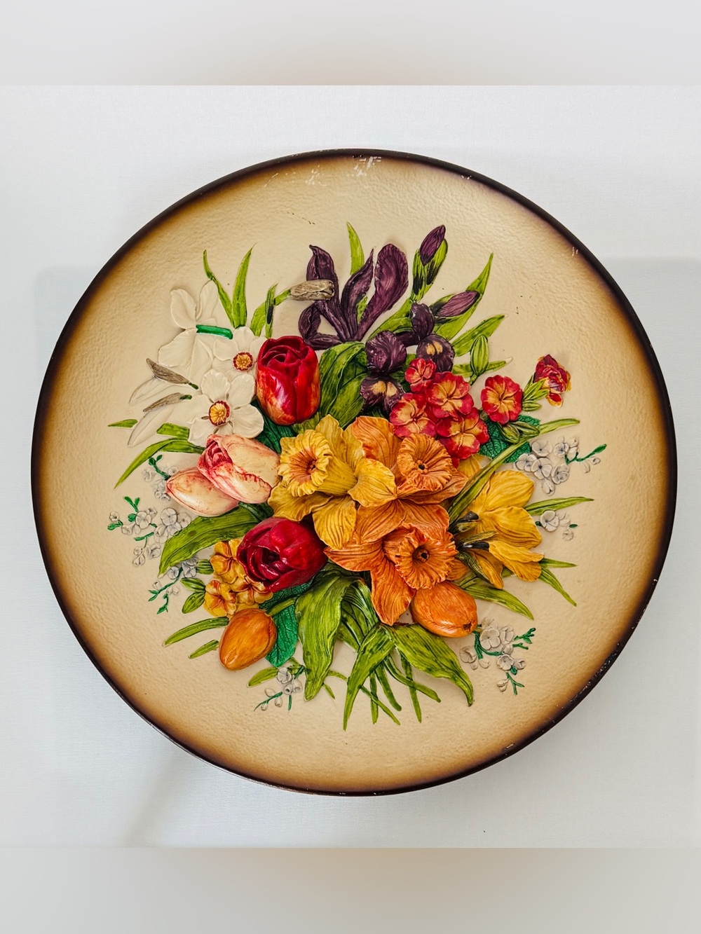 Vintage Artamic 3D Floral Wall Plaque Plate High Relief Flowers Hand Painted